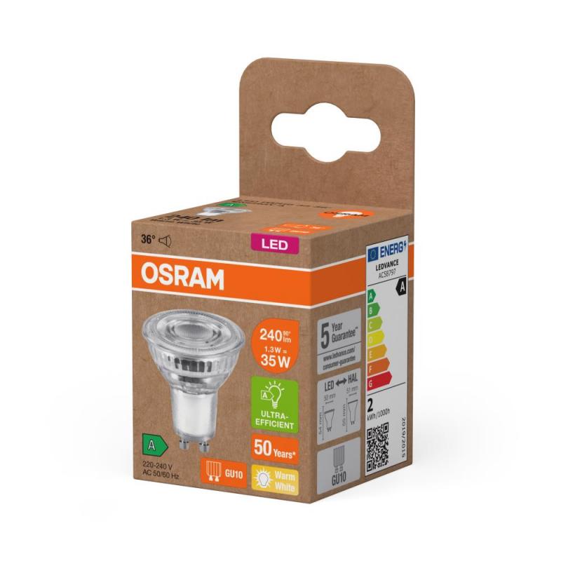 Osram GU10 PAR16 LED Strahler STAR besonders effizient 36° 1,3W wie 35W 2700K warmweißes Licht - Sehr gute Energieeffizienz